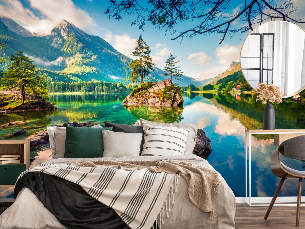 FOTOTAPETE für Schlafzimmer Bergsee Nadelbäume Felsen Natur Landschaft 150x105 - Türkis/Beige, Papier (150/105cm) - Muralo