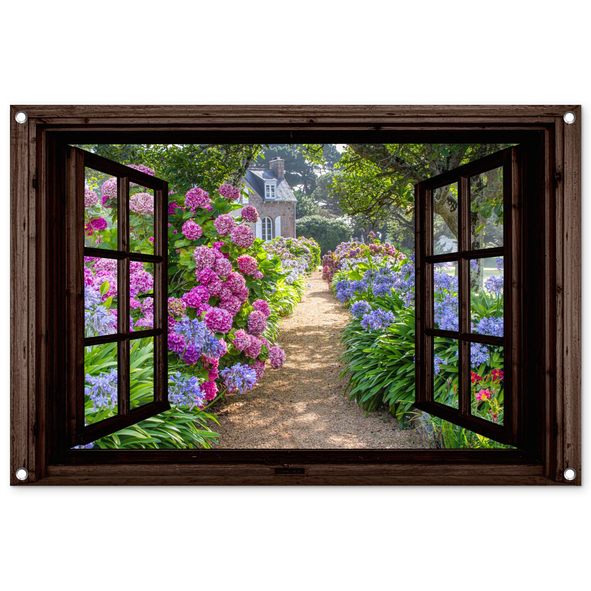 GARTENPOSTER Hortensie - Durchsichtig - Blumen - Lila - Natur - Dunkelbraunes Fenster Gartendeko 90x60 cm - Dunkelbraun, Kunststoff (90/60/0.2cm) - OnlyWow