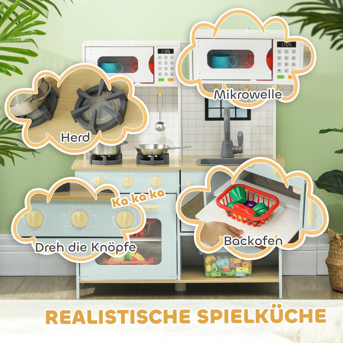 KINDERKÜCHE Spielküche mit Mikrowelle, Herd und Backofen, Küchenzubehör - Blau, Holzwerkstoff (72/33/85.2cm) - AIYAPLAY