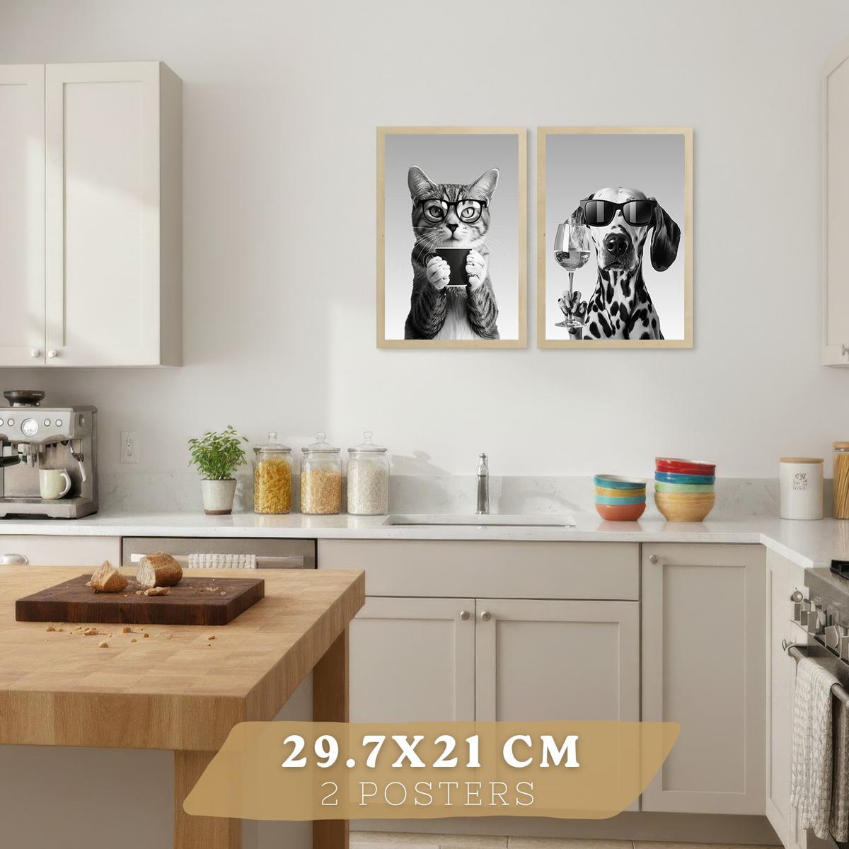 POSTER 4er Set Lustige Tiere mit Brille Wandbilder Katze Dalmatiner Panda Koch Schwarz Weiß Küche Deko Leichter Holzrahmen A4 - Beige, Papier (29.7/1/21cm) - Nacnic