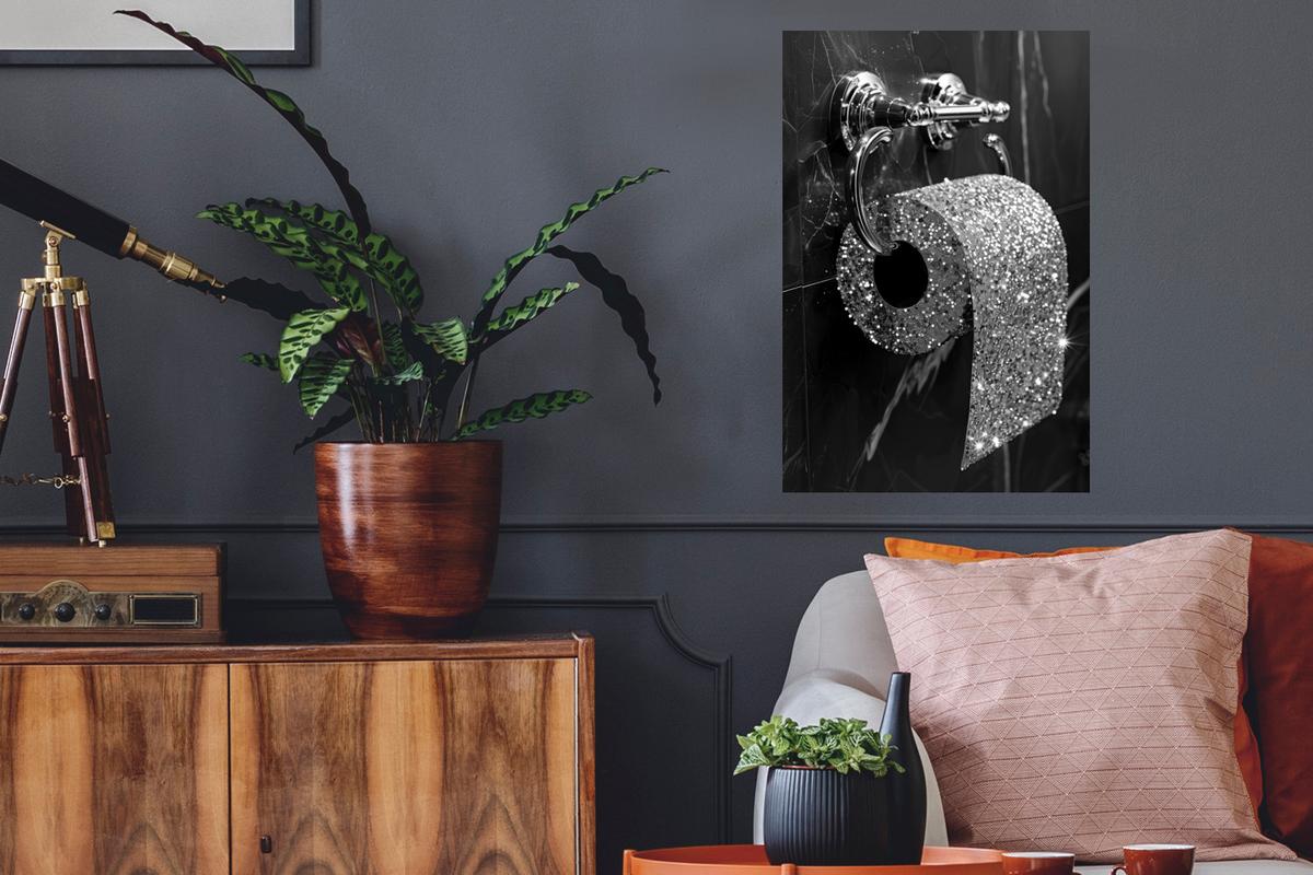 WANDTATTOO WC - Toilettenpapier - Schwarz und weiß - Glitter Wandbild 40x60 cm - Silberfarben, Kunststoff (40/60/0.1cm) - MuchoWow