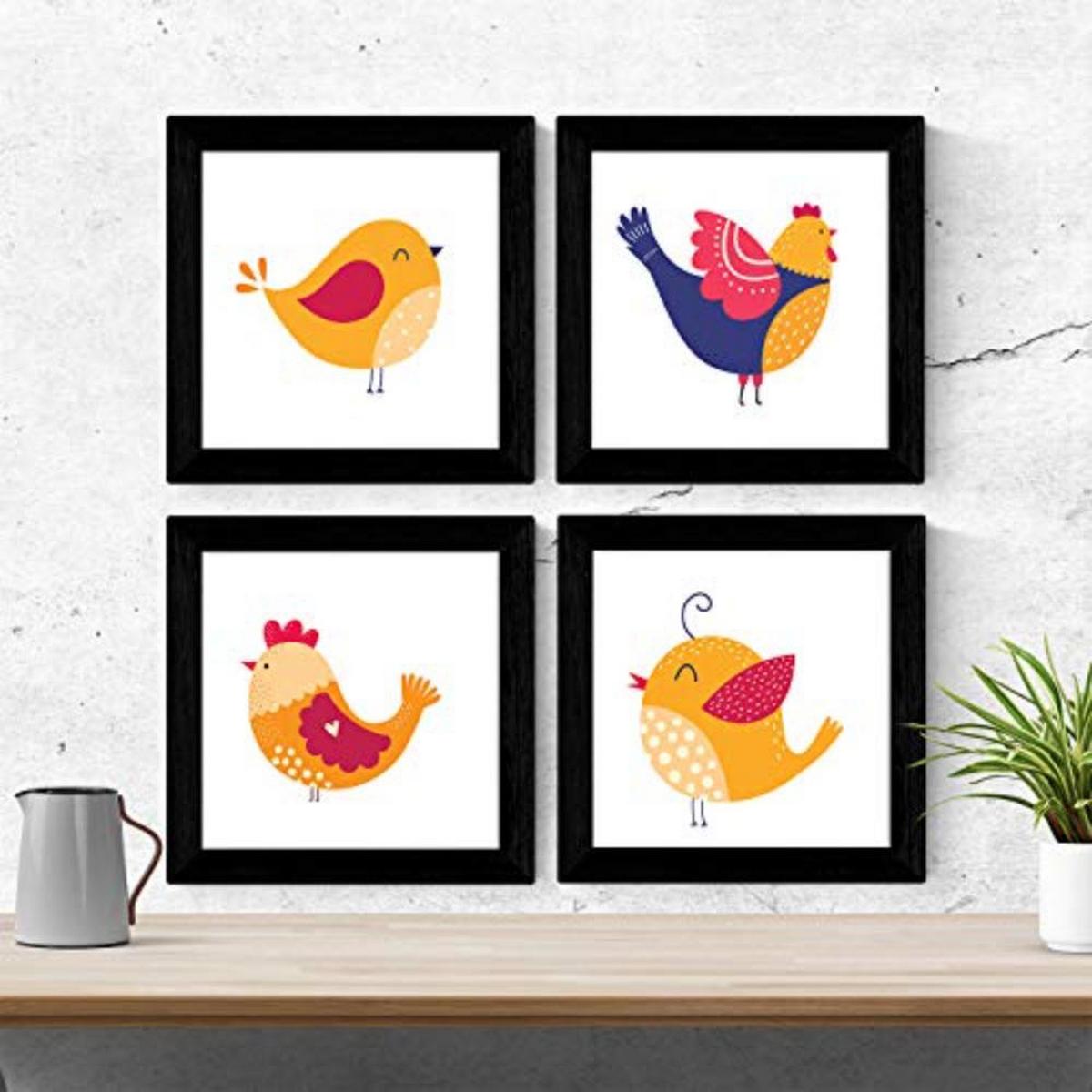 POSTER Set mit 4 Familie von Hühnern skandinavischen Stil nordico 20x20cm Schwarzer Rahmen - Schwarz, Papier (20/3cm) - Nacnic