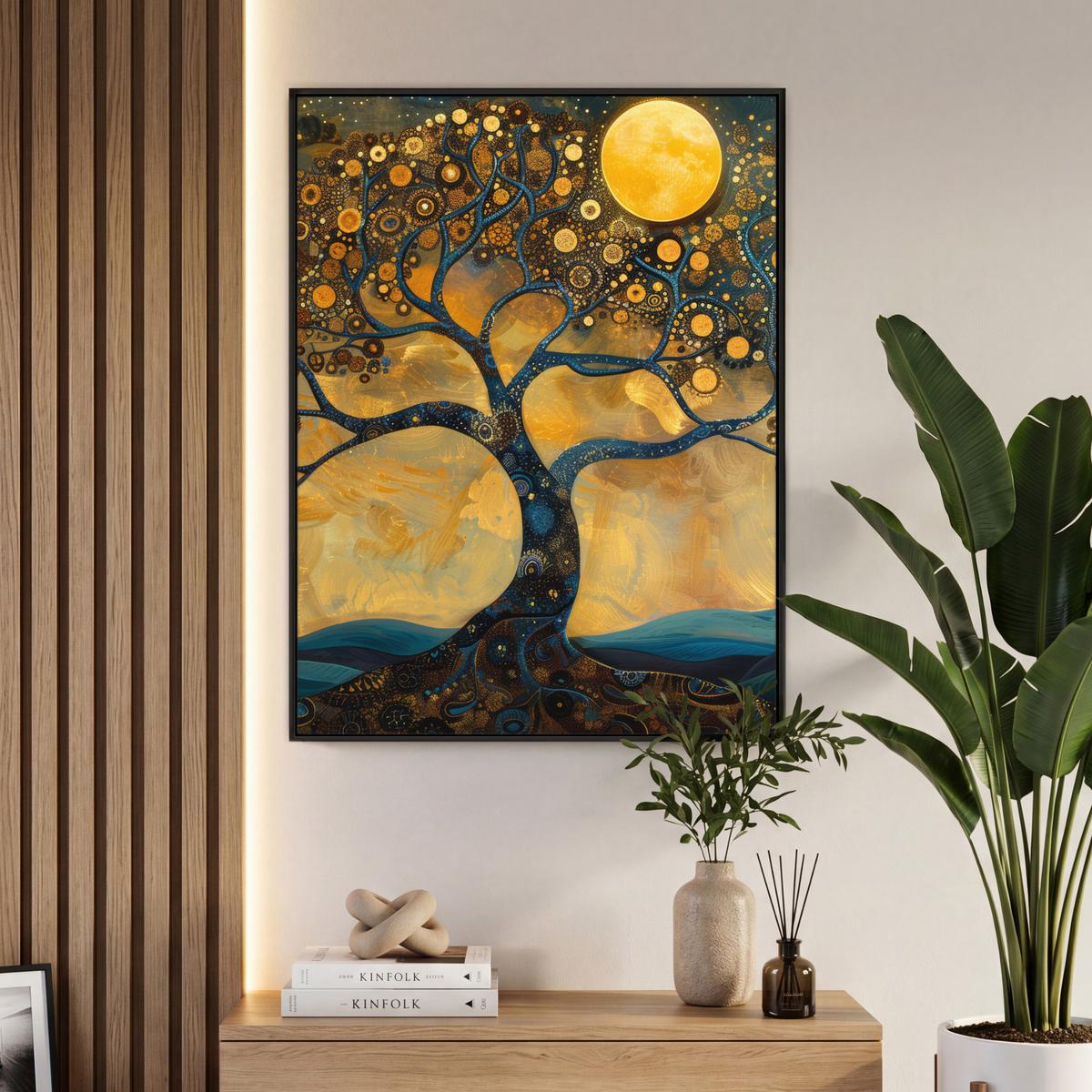 LEINWAND Bilder mit Rahmen - Baum - Mond - Blumen - Gold - Kunst - 70x100 - Orange, Textil (70/100cm) - MuchoWow