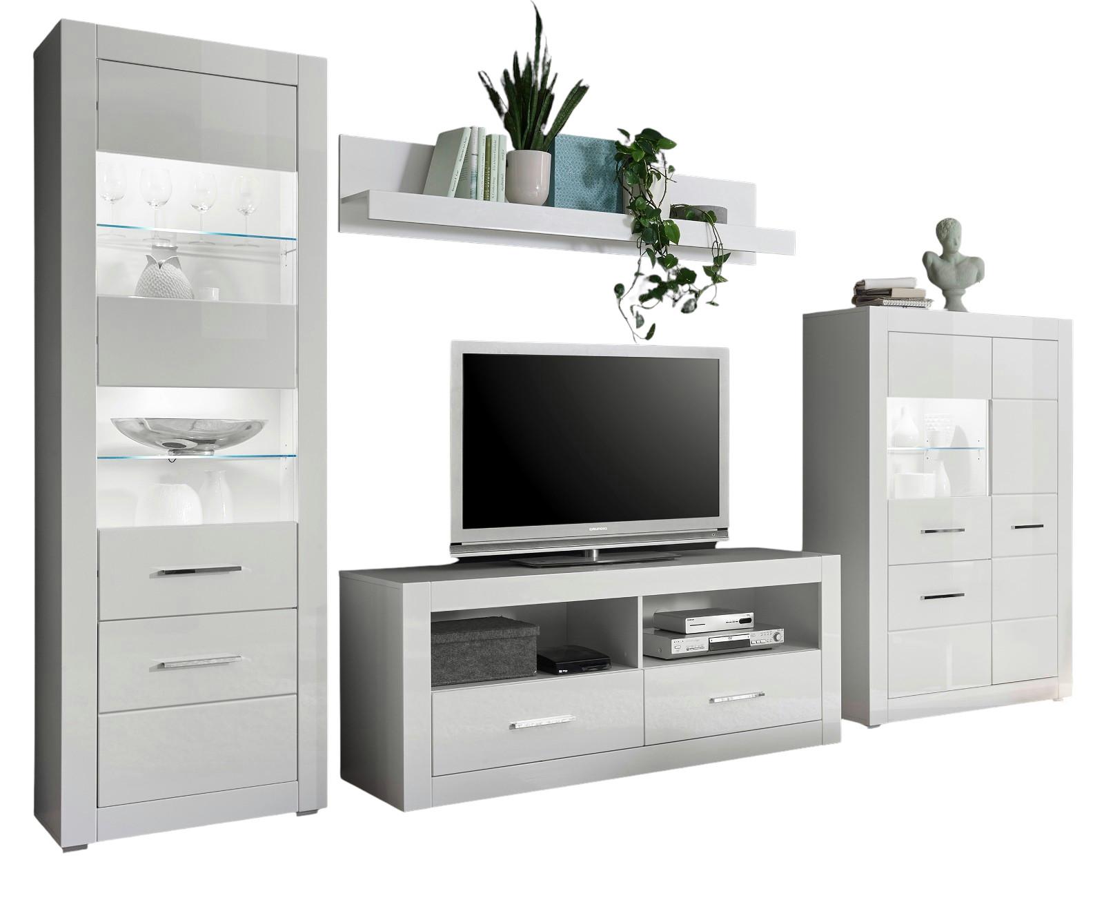 WOHNWAND weiß Hochglanz 4-teilig 335 cm, Wohnkombination mit viel Stauraum - Chromfarben/Weiß Hochglanz, Glas/Holzwerkstoff (335/198/45cm) - Furn.Design