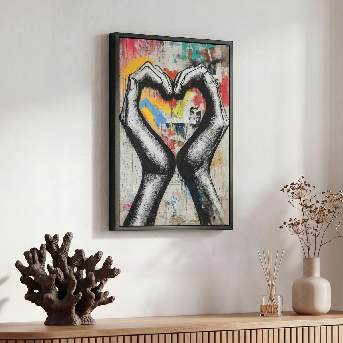LEINWAND Bilder mit Rahmen - Hände - Herz - Straßenkunst - Graffiti - 30x40 - Multicolor, Textil (30/40cm) - MuchoWow