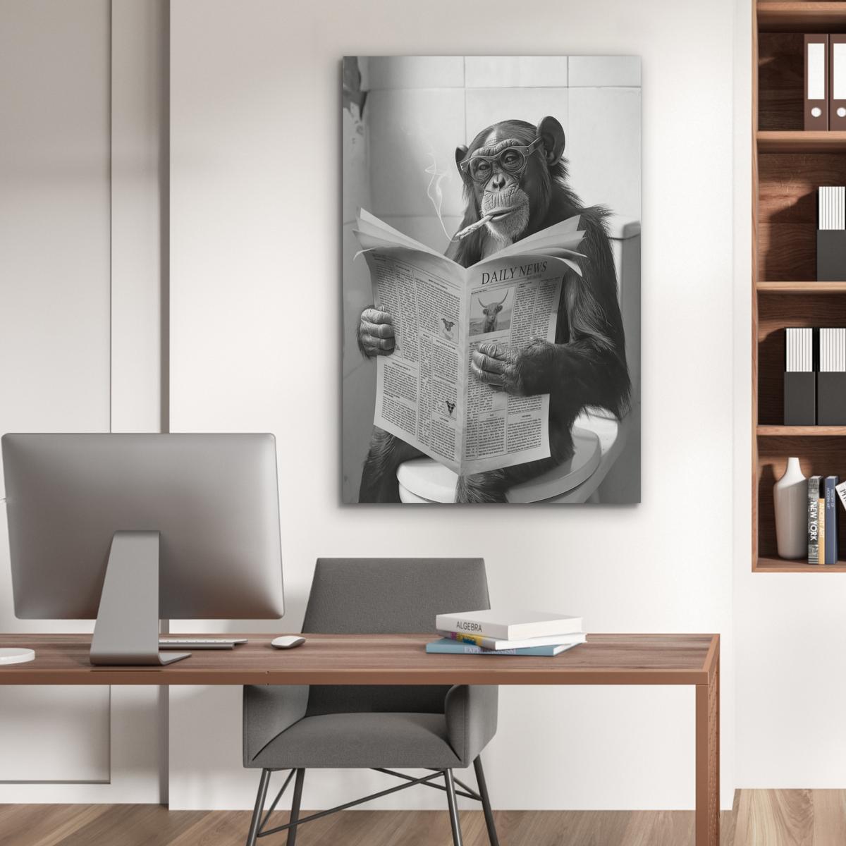AKUSTIKBILD Affe - WC - Zeitung - Schwarz-Weiß - Humor Wanddeko 70x100 cm - Hellgrau, Kunststoff (70/100/0.9cm) - MuchoWow