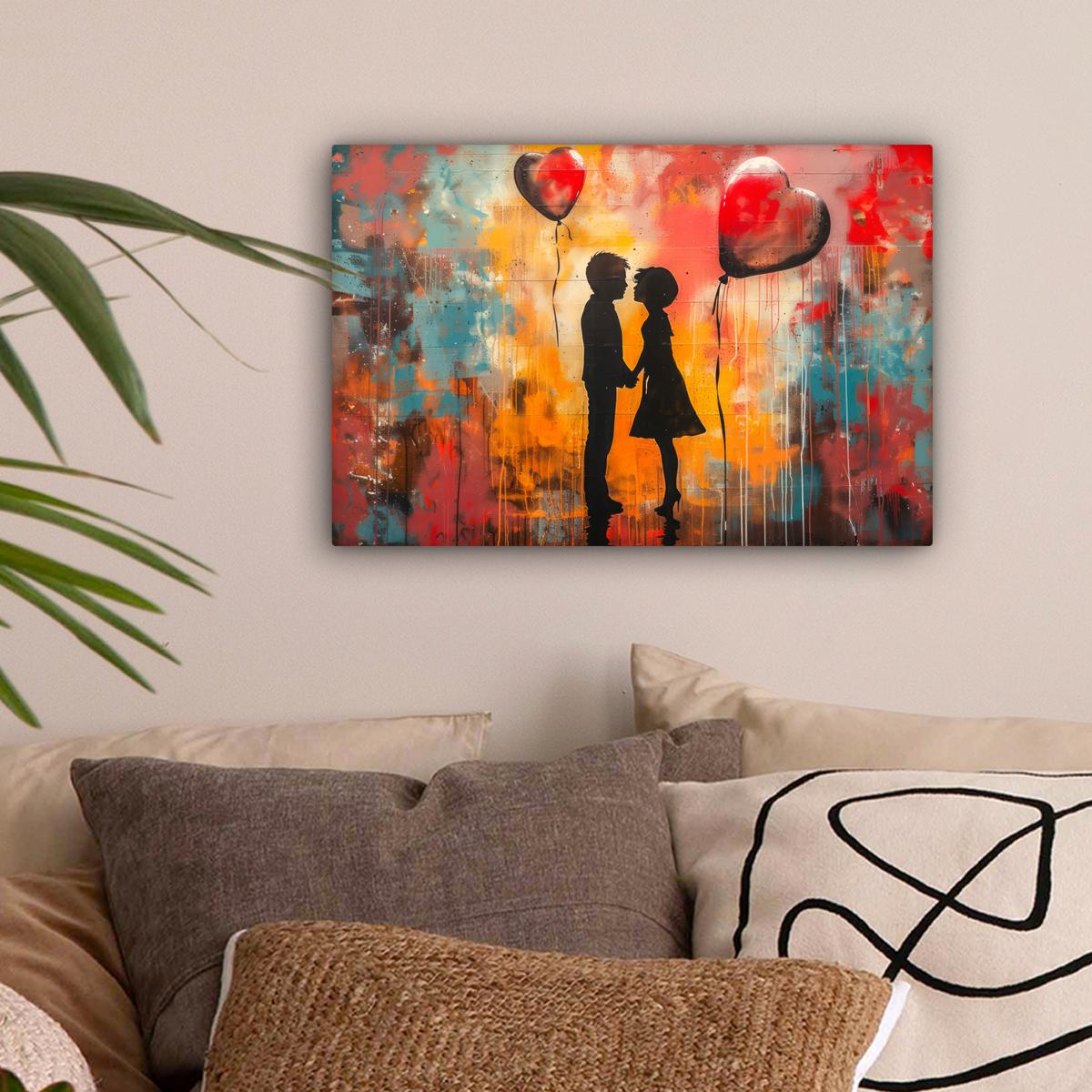 LEINWANDBILD Straßenkunst - Liebe - Graffiti - Kunst - Banksy Deko Schlafzimmer 30x20 cm - Orange, Textil (30/20cm) - MuchoWow