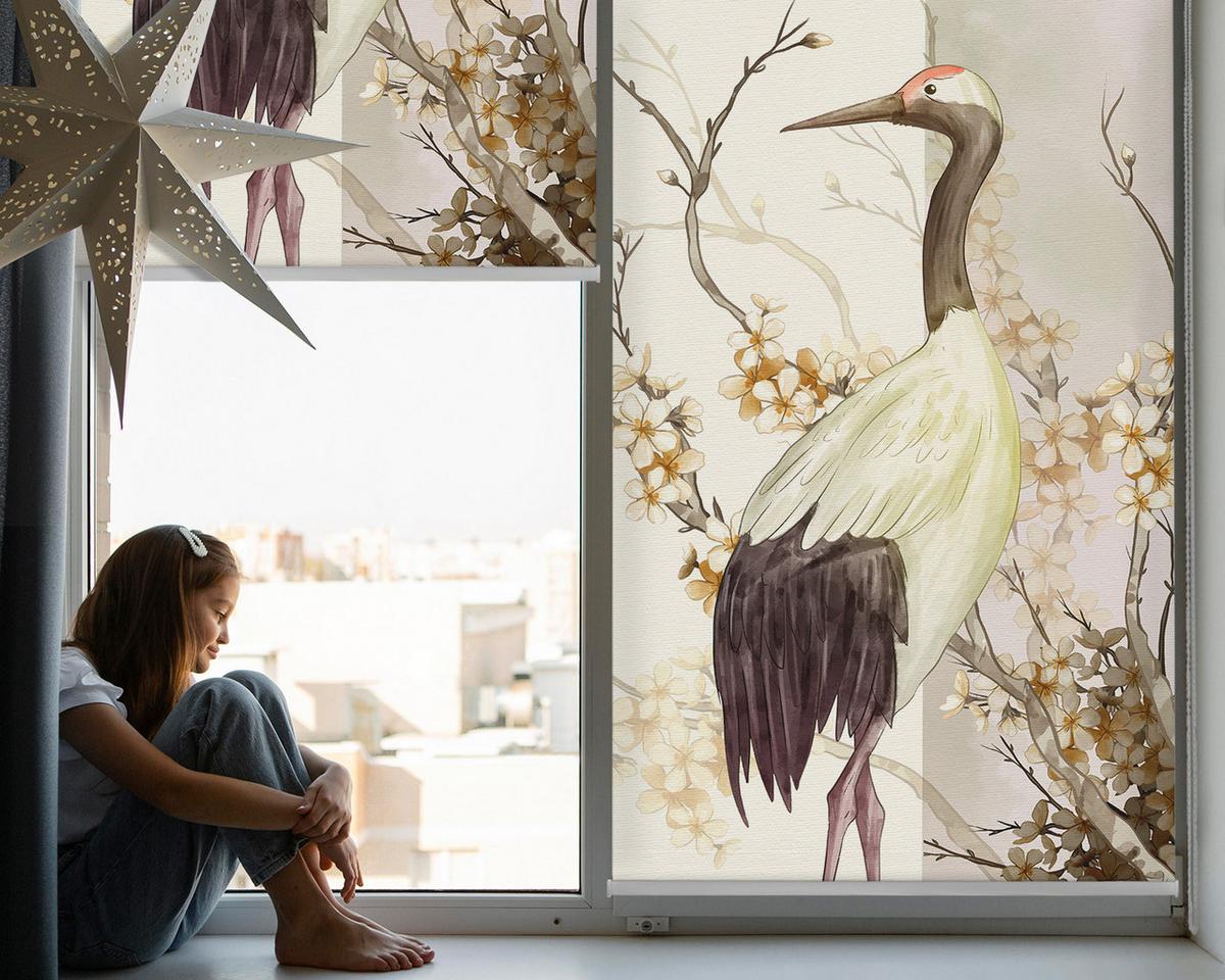 INNENROLLO - Fensterrollo - Rollo - 80x140 cm - Kranich im Busch - Weiß, Kunststoff (80/140/0.5cm) - TULUP