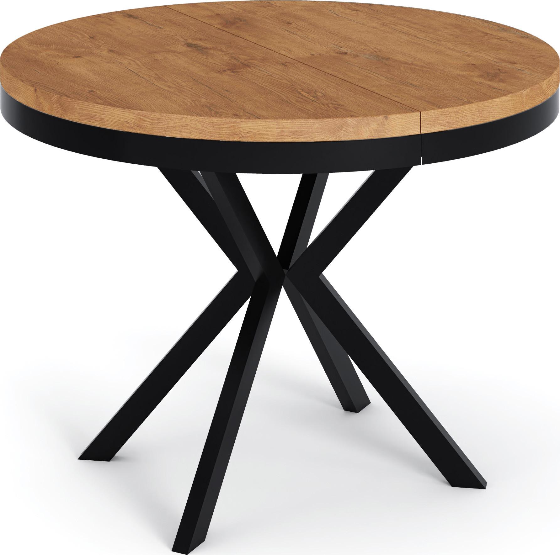 ESSTISCH Ross runder ausziehbarer, Lancelot Eiche 120-200/120/76 cm - Eichefarben/Schwarz, Holzwerkstoff/Metall (120/200/76cm) - WFL GROUP