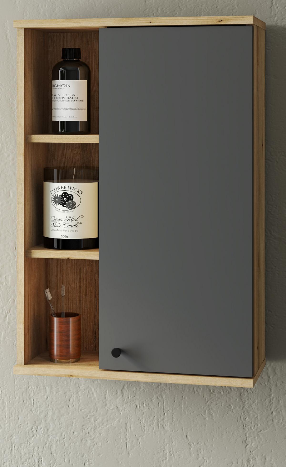 BAD-HÄNGESCHRANK grau, Evoke Eiche, Badschrank hängend, 51 x 75 cm - Eichefarben/Schwarz, Holzwerkstoff/Kunststoff (51/75/21cm) - Furn.Design