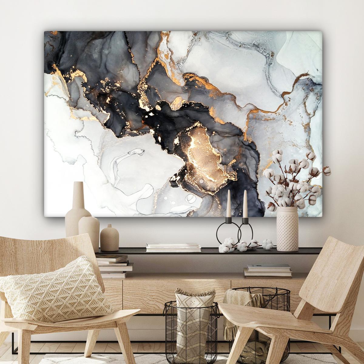 LEINWANDBILD Marmor - Schwarz - Weiß - Gold - Luxus - Abstrakt Groß 140x90 cm - Goldfarben, Textil (140/90cm) - MuchoWow