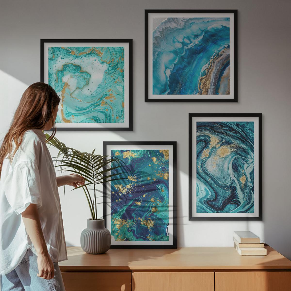 BILDER SET 4er Set - 50x50 cm & 40x60 cm Schwarzer Rahmen - Abstraktionen dekorativer Malerei - Schwarz, Kunststoff (50/50cm) - TULUP
