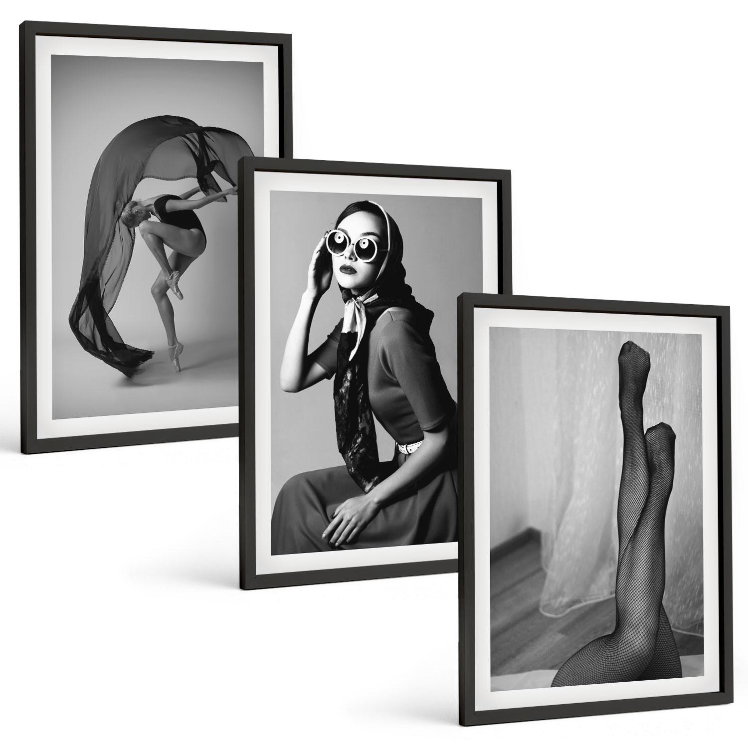 BILDER SET 3er Set - 40x60 cm Schwarzer Rahmen - Schwarz-Weiß-Porträts von Frauen - Schwarz, Kunststoff (40/60cm) - TULUP