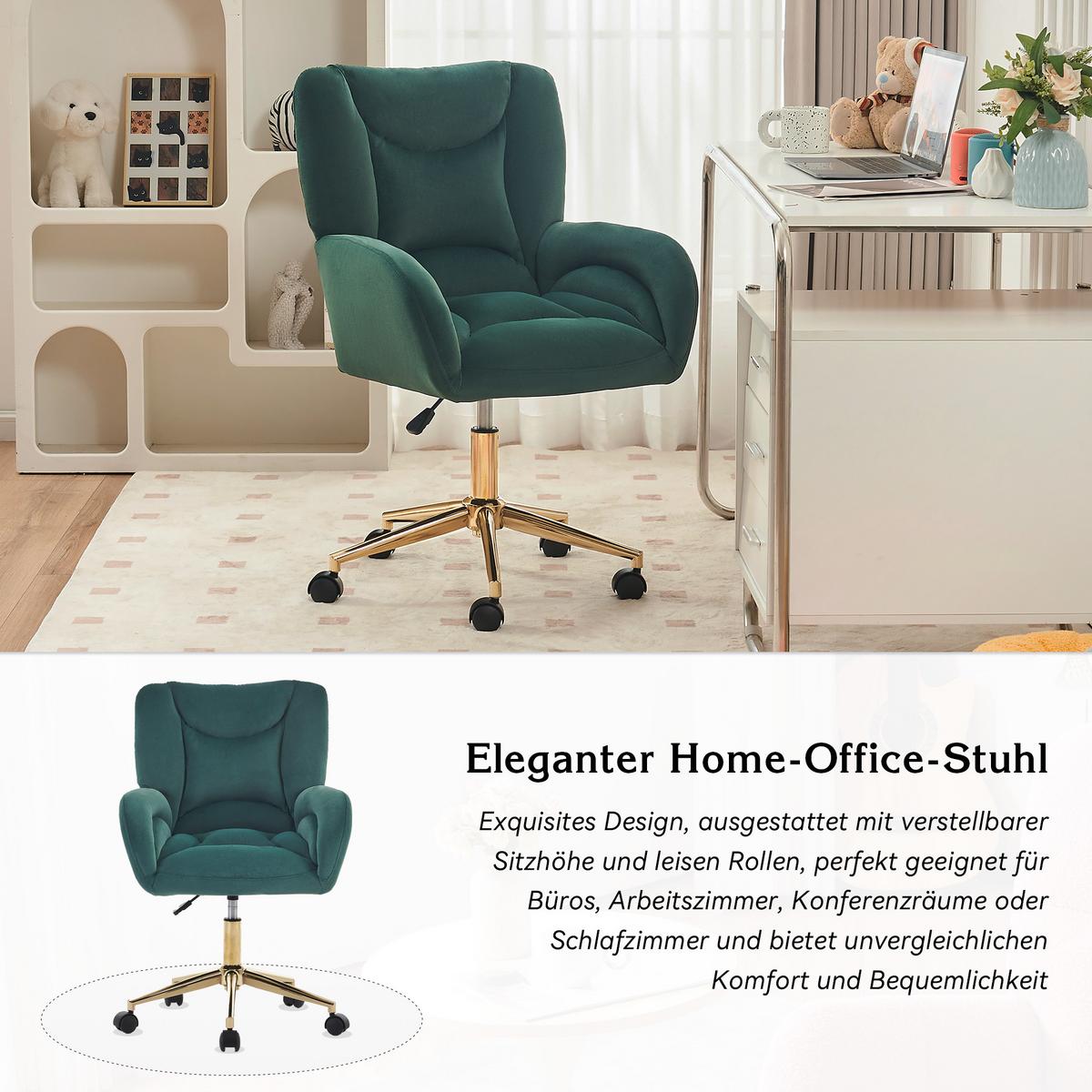 BÜROSTUHL Samt Höhenverstellbar Goldene Beine - Grün, Textil (64/92.5/62cm) - Urban Meuble