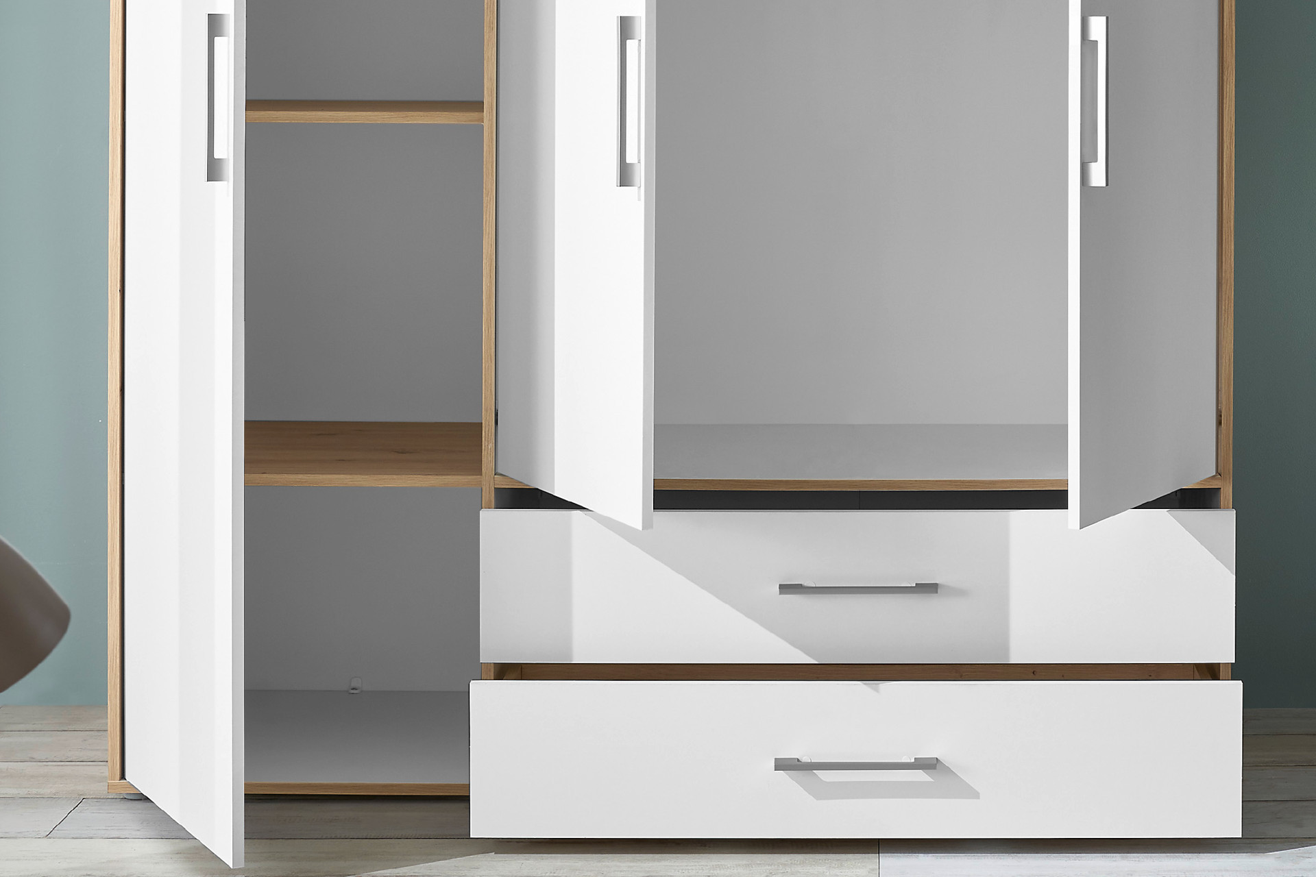 Schrank weiß Eiche Artisan 3 Drehtüren 4 Einlegeböden 1 Kleiderstange 2 Schubladen 