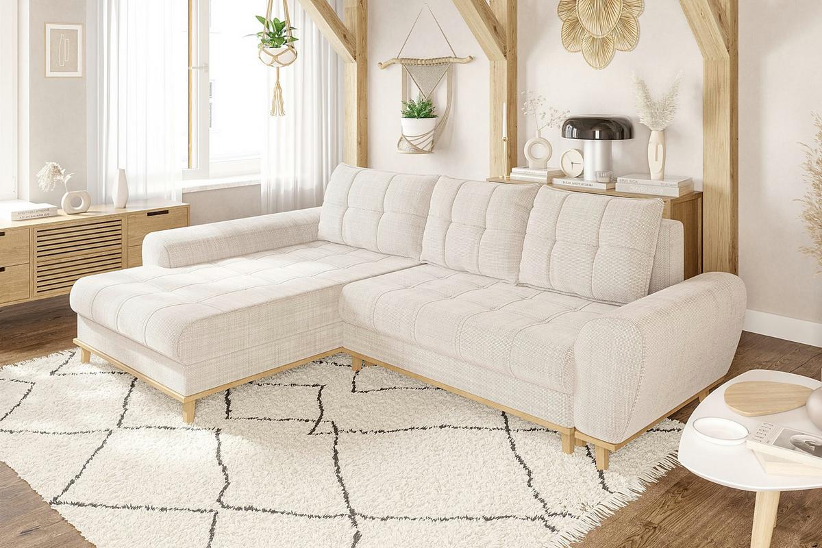 ECKSOFA im Scandi-Stil, Schlaffunktion, Bettkasten B268/T175/H86 cm, Ottomane links, Liegefl. 128x209 cm, Bouclé Chenille Stoff in Beige / 21014 - Eichefarben/Beige, Holz/Textil (268/175cm) - luma-home