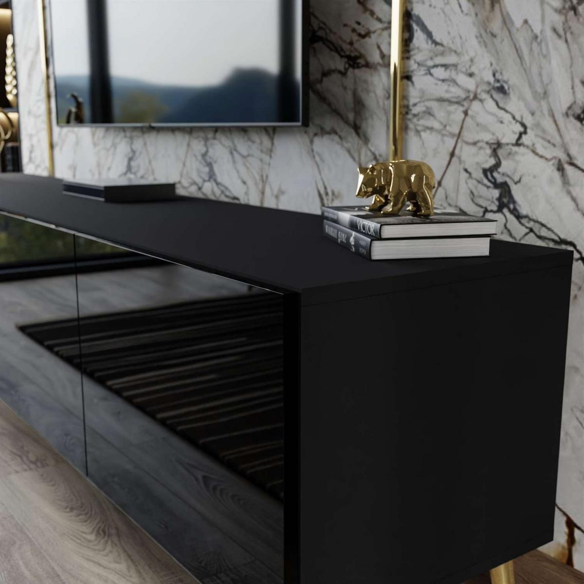 WOHNWÄNDE AURA PUSH-OPEN Schwarz Hochglanz – Füße in Gold - Goldfarben/Schwarz, Holzwerkstoff (200/49/40cm) - Lookway