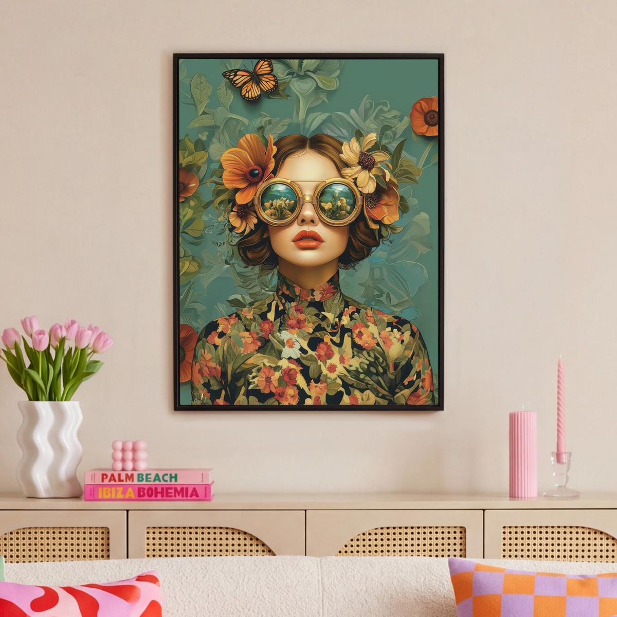 LEINWAND Bilder mit Rahmen - Frau - Blumen - Schmetterlinge - Natur - Vintage - 70x100 - Salbeigrün, Textil (70/100cm) - MuchoWow