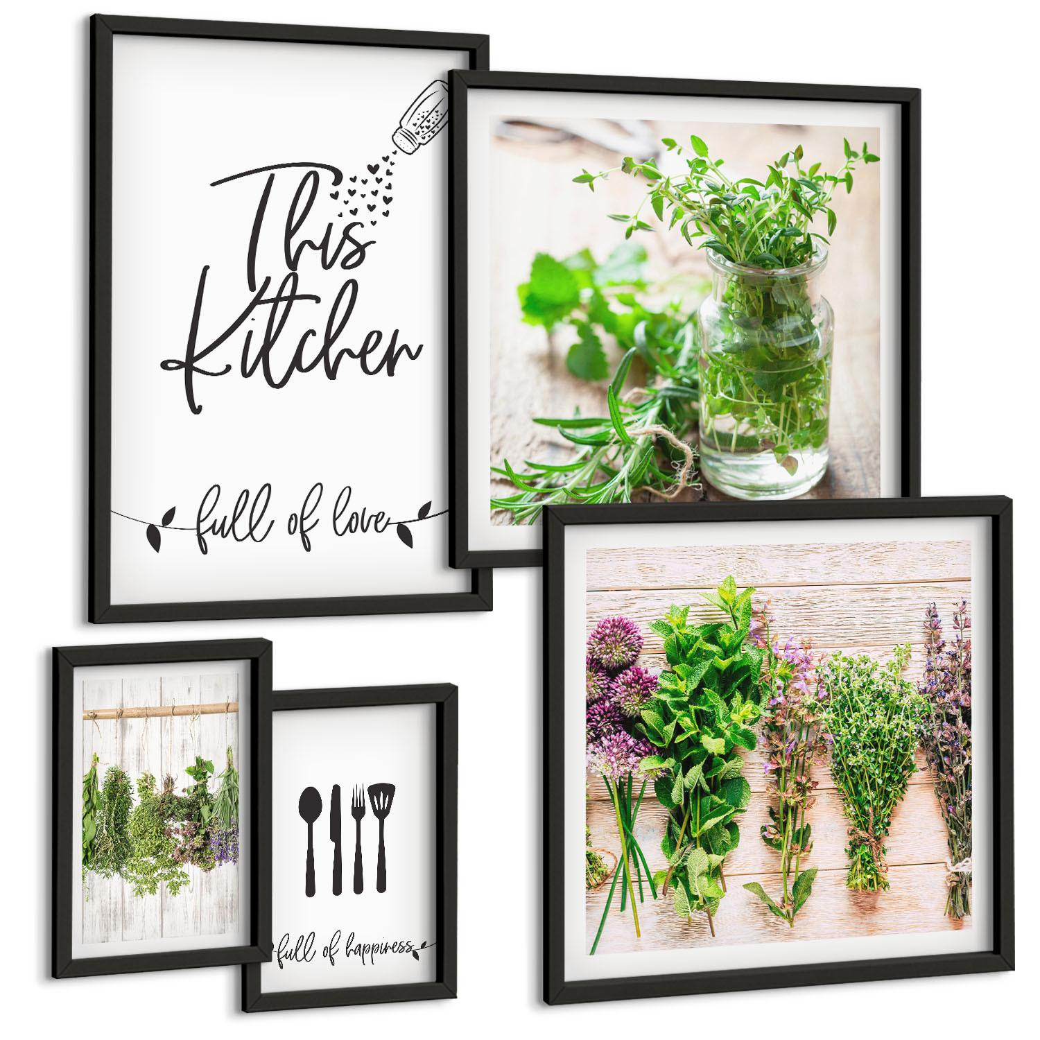 BILDER SET 5er Set - 50x50 cm & 20x30 cm & 40x60 cm Schwarzer Rahmen - Kräuterpflanzen zum Trocknen in der Küche - Schwarz, Kunststoff (40/60cm) - TULUP