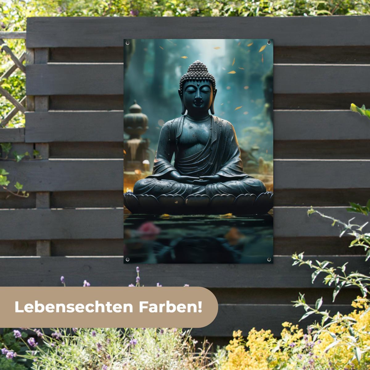 GARTENPOSTER Buddha - Statue - Buddha - Zen - Kunst - Buddha Outdoor Bilder 80x120 cm - Dunkelgrau, Kunststoff (80/120/0.2cm) - OnlyWow