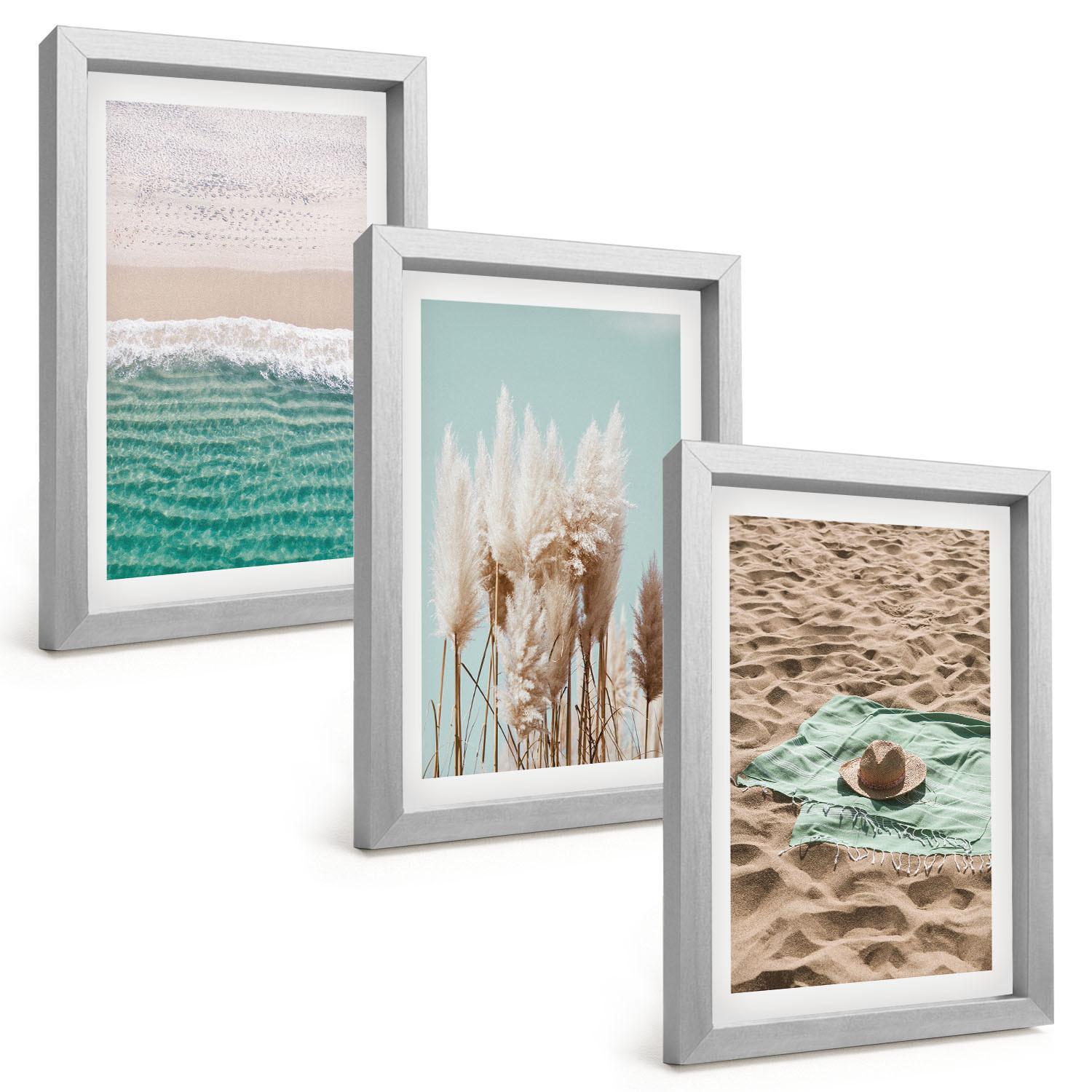 BILDER SET 3er Set - 20x30 cm Silberner Rahmen - Strandwellen Grashut - Silberfarben, Kunststoff (20/30cm) - TULUP