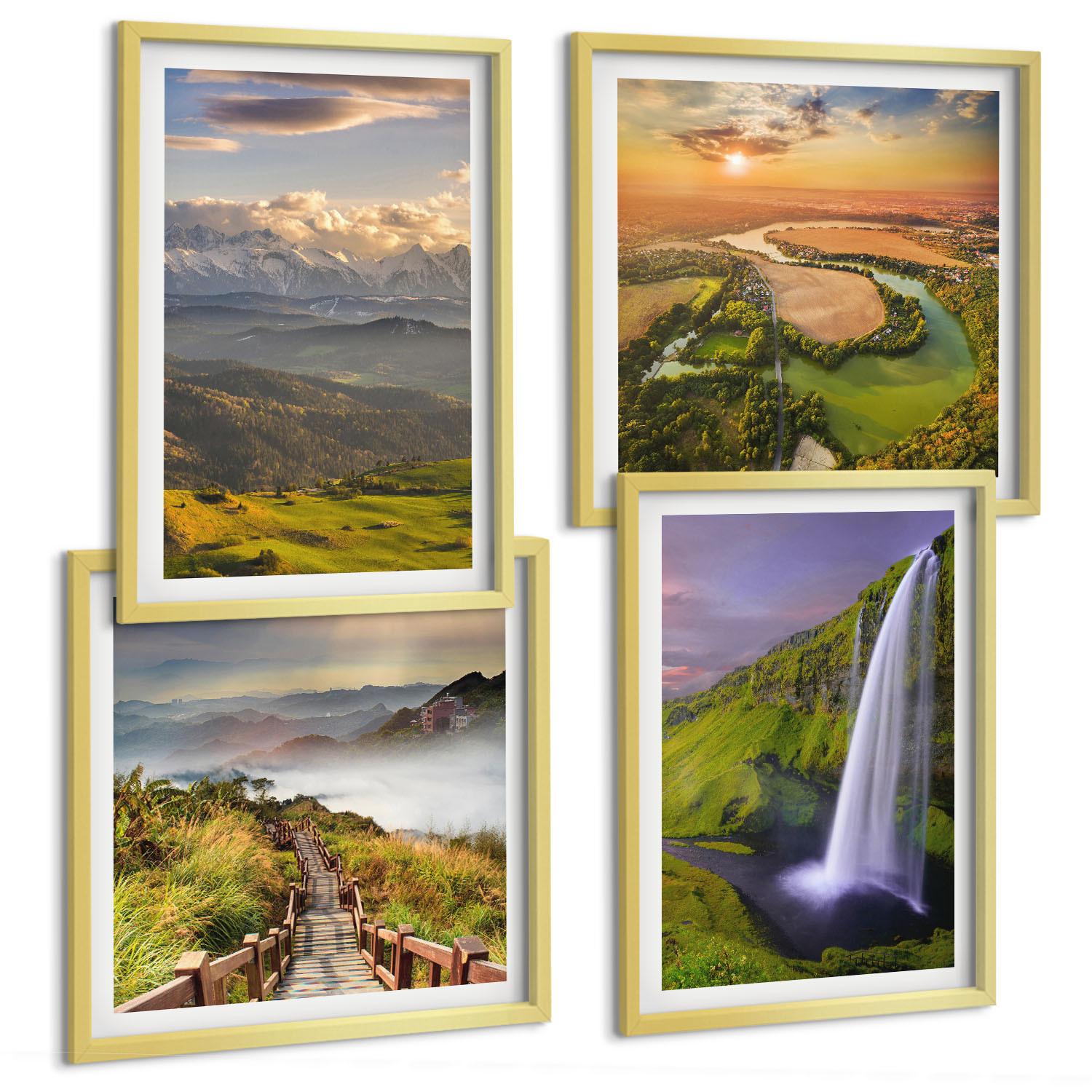 BILDER SET 4er Set - 50x50 cm & 40x60 cm Goldrahmen - Ausblicke auf Berge, Flüsse und Wasserfälle - Goldfarben, Kunststoff (50/50cm) - TULUP