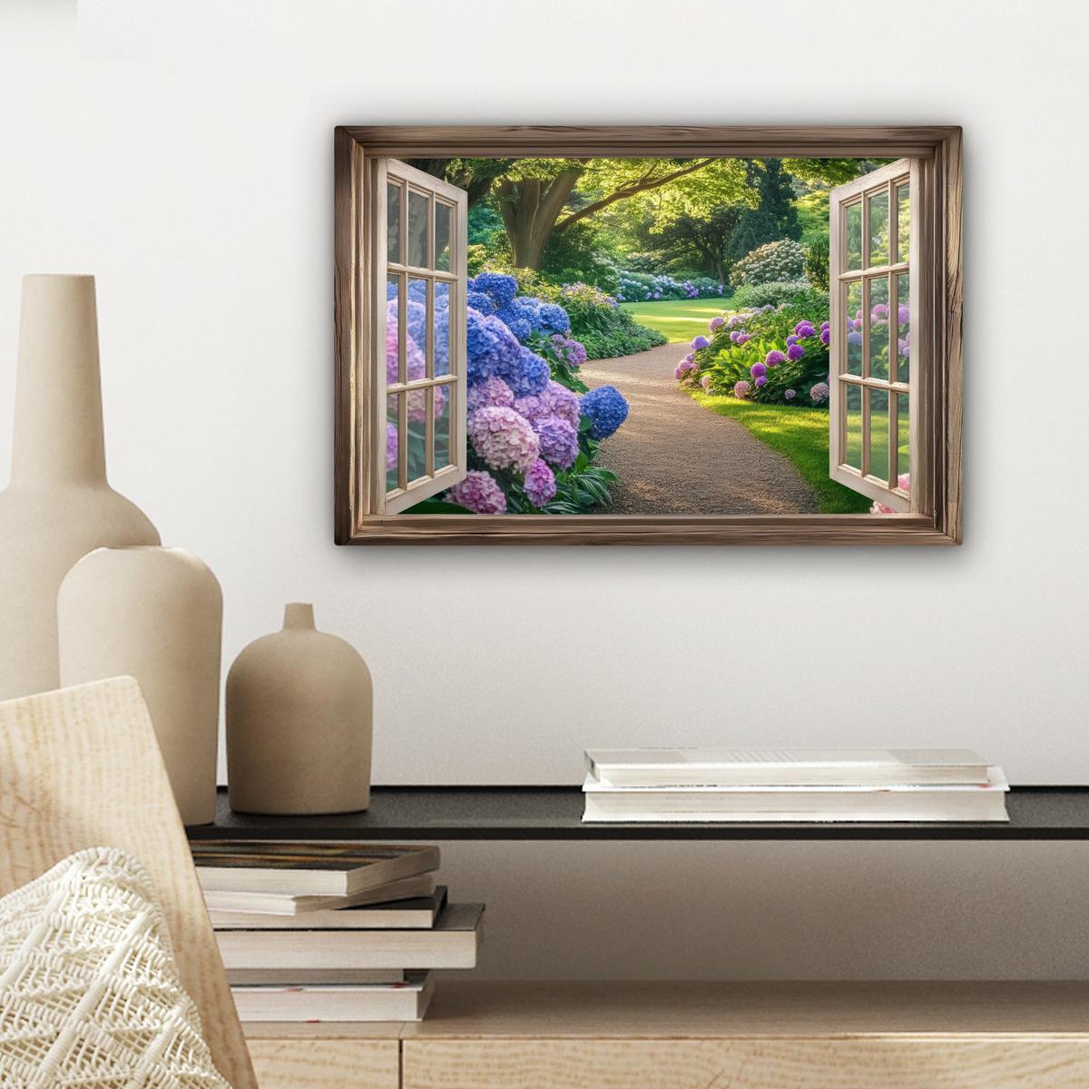 LEINWANDBILD Aussicht - Garten - Fenster - Hortensie - Blumen Deko Schlafzimmer 30x20 cm - Pastellblau, Textil (30/20cm) - MuchoWow