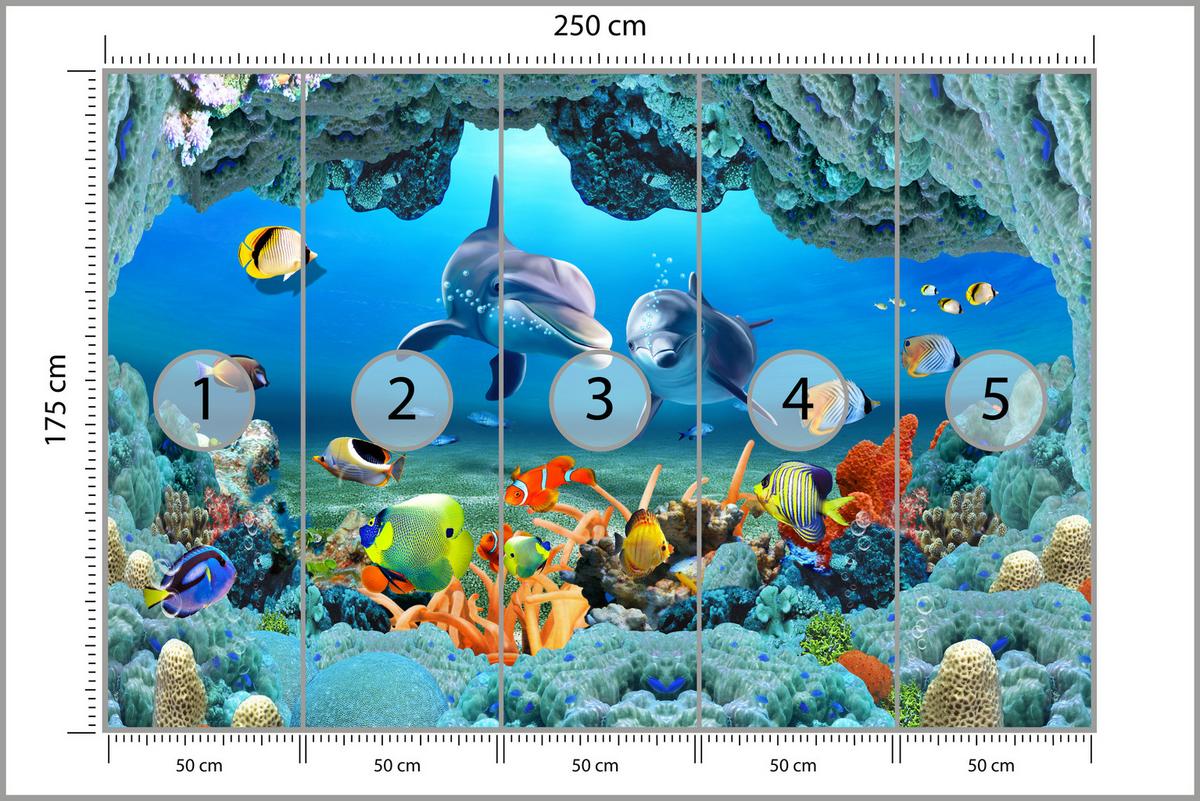 FOTOTAPETE für Badezimmer Unterwasser Korallenriff Delfin Fisch 250x175 - Türkis/Gelb, Papier (250/175cm) - Muralo