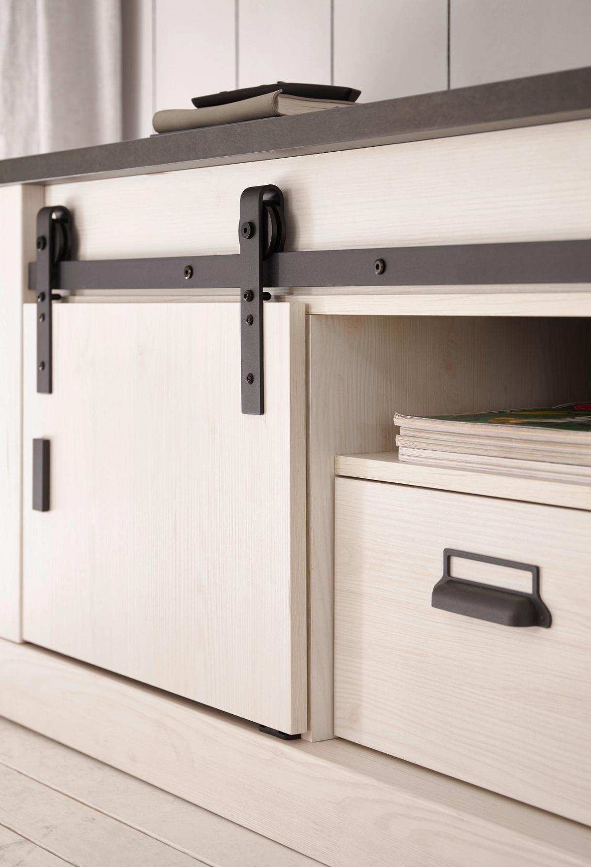 TV-LOWBOARD weiß Pinie, anthrazit, Landhaus, TV Unterteil Komforthöhe 162 x 61 cm - Anthrazit/Weiß, Holzwerkstoff/Metall (162/61/43cm) - Furn.Design