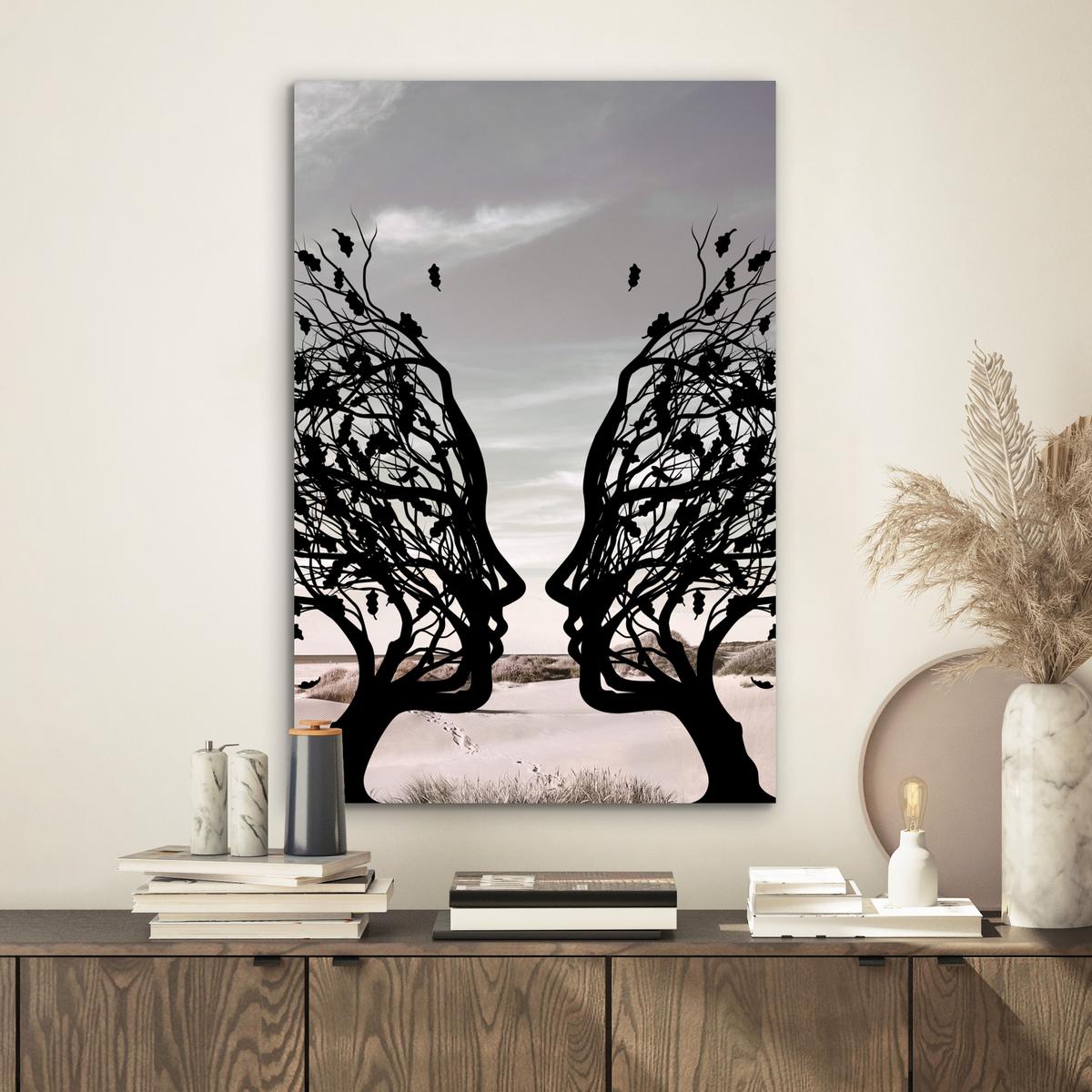 METALLBILD Strand - Meer - Menschen - Baum - Moderne Kunst Deko Schlafzimmer 40x60 cm - Hellgrau, Metall (40/60cm) - MuchoWow