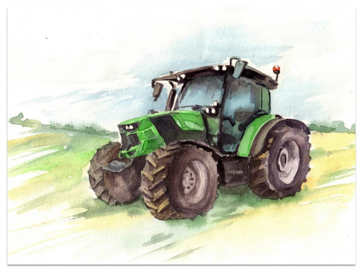 FOTOTAPETE für Kinderzimmer Aquarell Grüner Traktor Feld 300x210 - Gelb/Schwarz, Papier (300/210cm) - Muralo