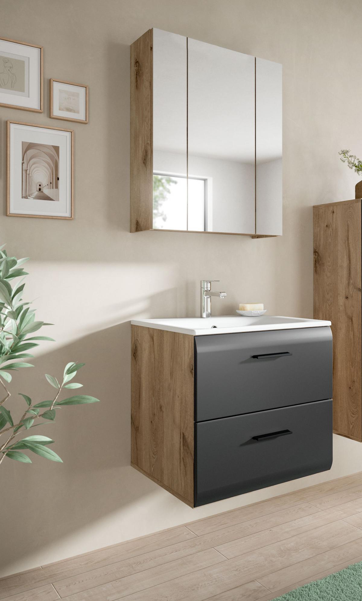 BADMÖBEL-SET 2-teilig Schwarz matt und Eiche Komplett-Set mit Waschbecken, 60 x 185 cm - Eichefarben/Schwarz, Glas/Holz (60/185/46cm) - Inn.Furn