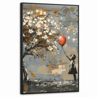 LEINWAND Bilder mit Rahmen - Baum - Graffiti - Banksy-Stil - Ballon-Mädchen - 60x90 - Blaugrau, Textil (60/90cm) - MuchoWow