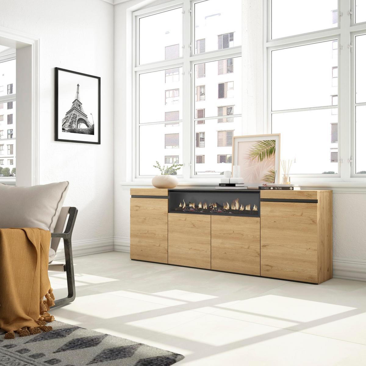 SIDEBOARD mit Elektrokamin, eiche, schwarz, 200/35/75cm - Beige/Multicolor, Holzwerkstoff (200/75/35cm) - Skraut Home