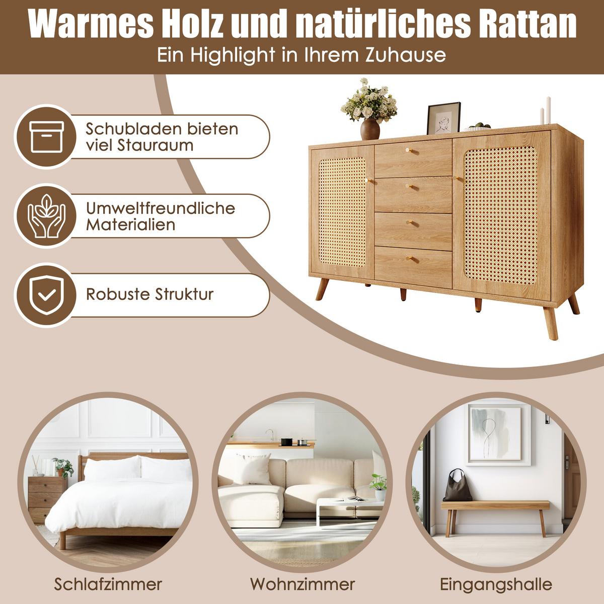 SIDEBOARD 140 cm in Rattan-Optik mit 4 Schubladen - Sonoma Eiche, Holzwerkstoff (140/86/40cm) - Urban Meuble