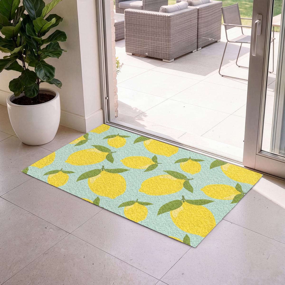 FUSSMATTE Muster Zitronen - Gelb - Blau - Muster - Früchte Flurteppich 120x80 cm - Gelb, Kunststoff (120/0.4cm) - MuchoWow
