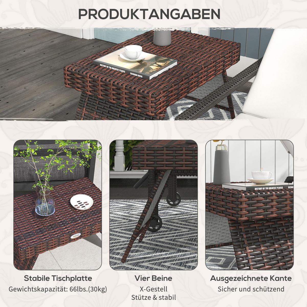 BALKONTISCH, Braun, PE Rattan, Verzinkter Stahl - Braun, Kunststoff (60/41/41cm) - Outsunny