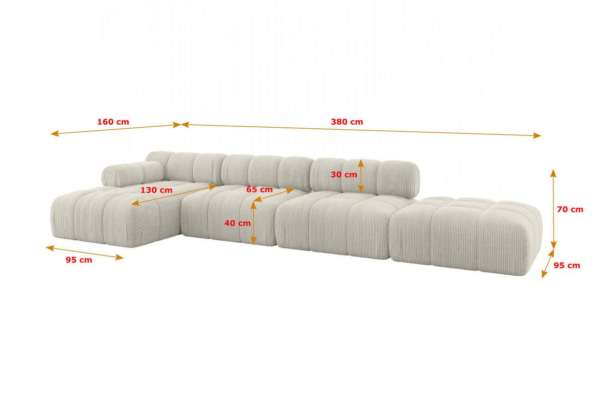ECKSOFA modulares Sofa Lizur-L2 - 380x160x70 cm Creme Cord - Hellgrau/Creme, Holzwerkstoff/Textil (380/160cm) - ALTDECOR