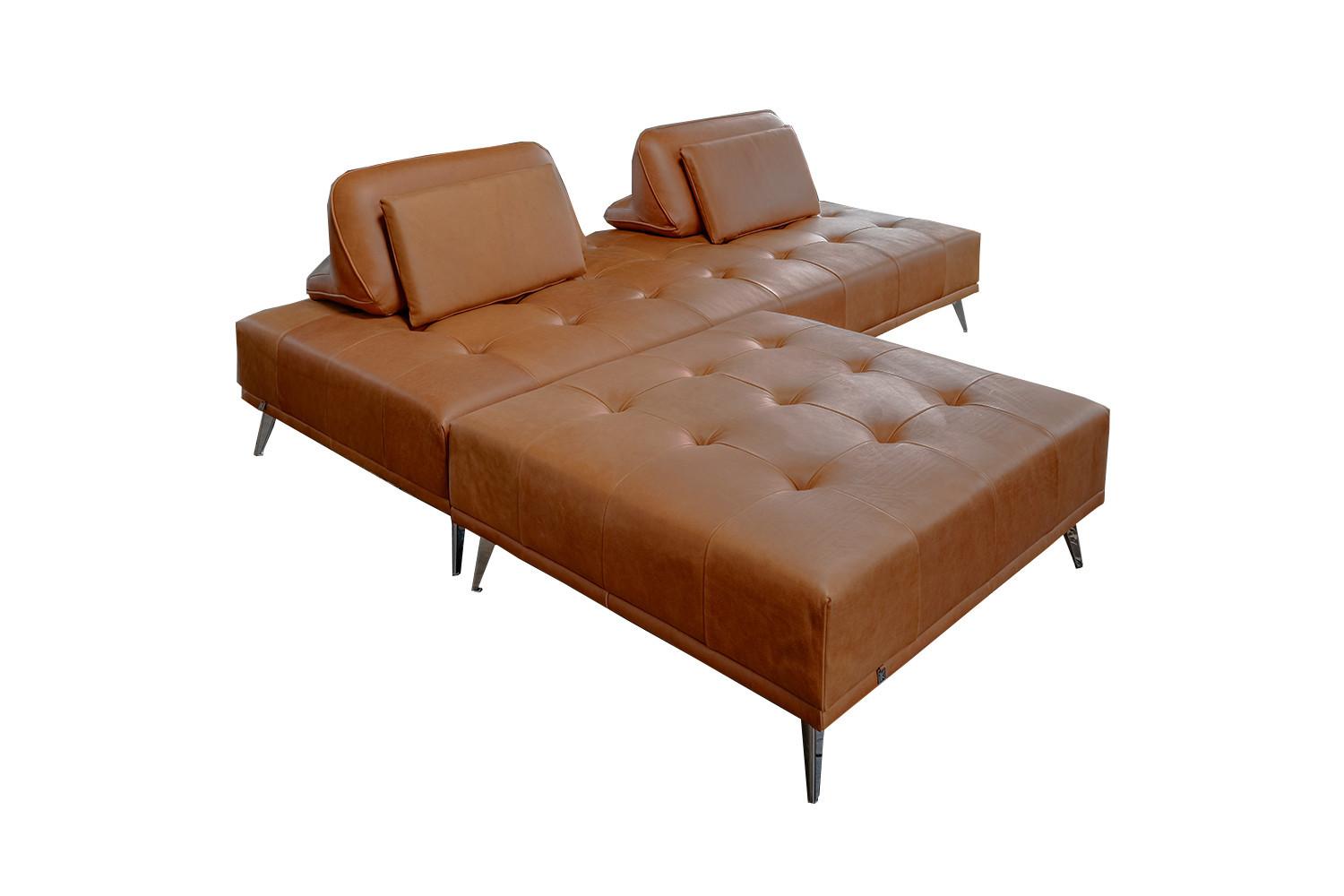 SOFA MIT HOCKER WIOLO 2ER SET Braun Leder - Silberfarben/Braun, Leder/Metall (240/83/110cm) - KAWOLA