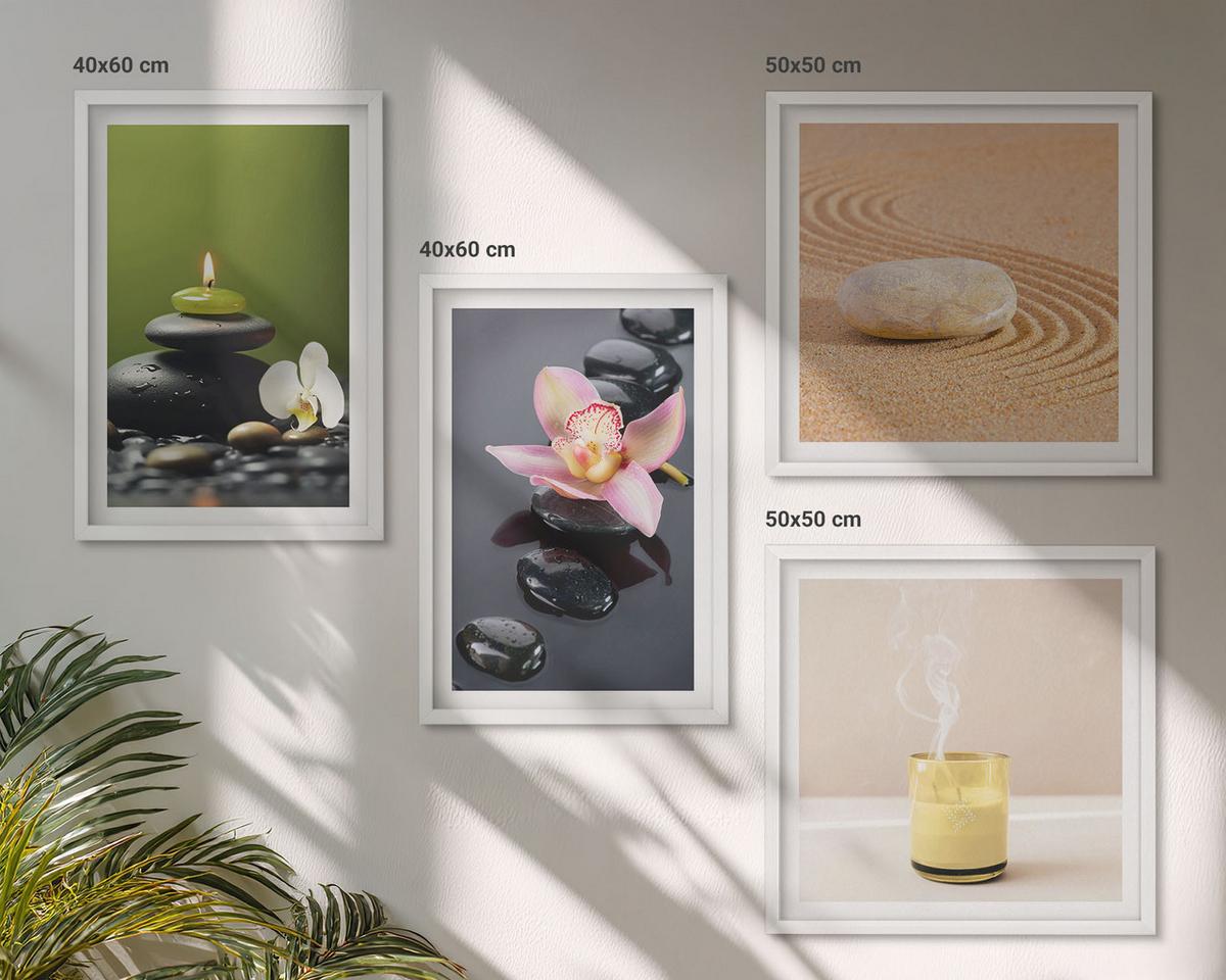 BILDER SET 4er Set - 50x50 cm & 40x60 cm Weißer Rahmen - Entspannende Zen-Steine für inneren Frieden - Weiß, Kunststoff (50/50cm) - TULUP