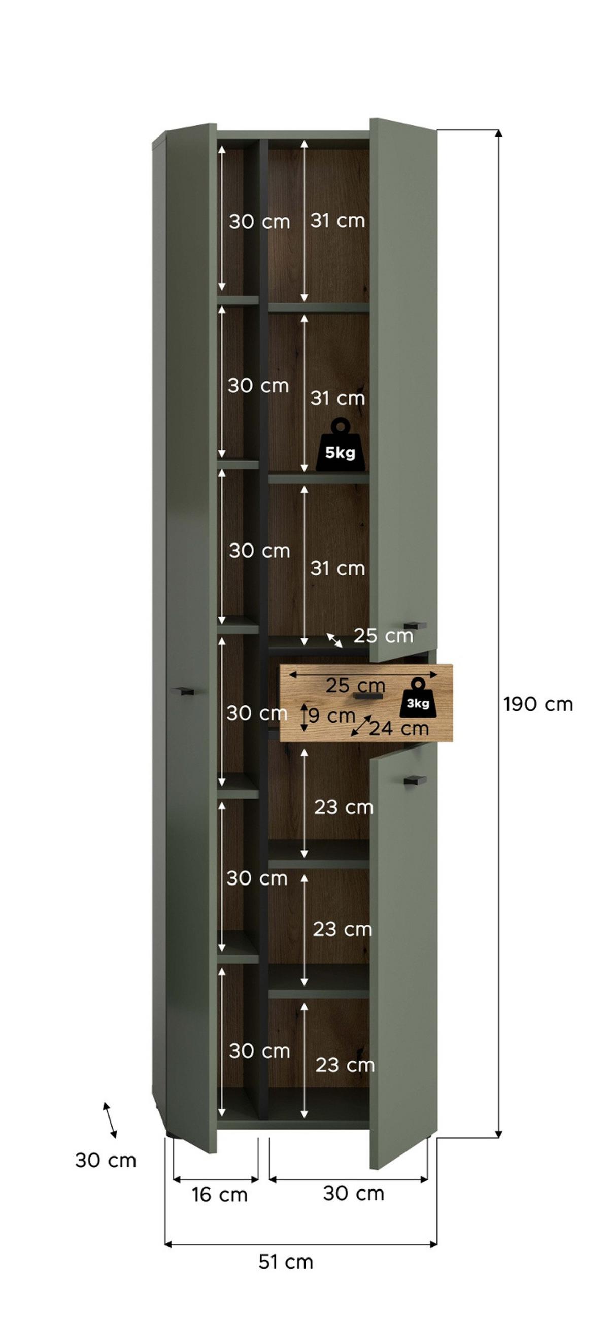 HOCHSCHRANK grün, Evoke Eiche 51 x 191 cm, Badschrank mit viel Stauraum - Eichefarben/Schwarz, Holzwerkstoff/Kunststoff (51/191/30cm) - Inn.Furn