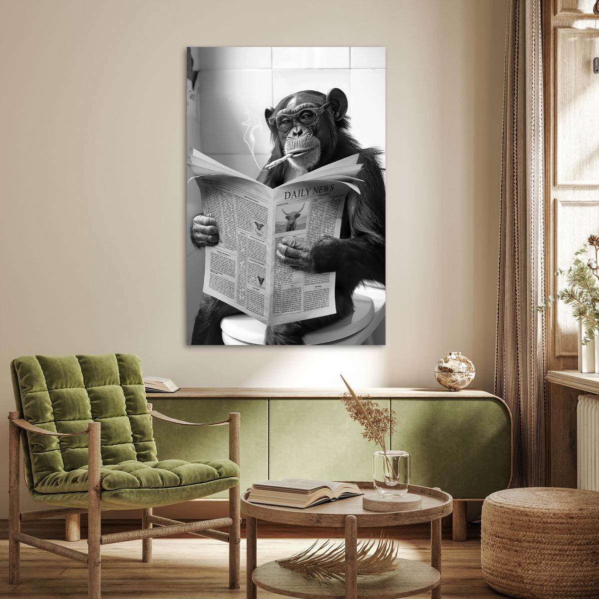 POSTER Affe - WC - Zeitung - Schwarz-Weiß - Humor Wandbild Schlafzimmer 80x120 cm - Hellgrau, Papier (80/120/0.1cm) - MuchoWow