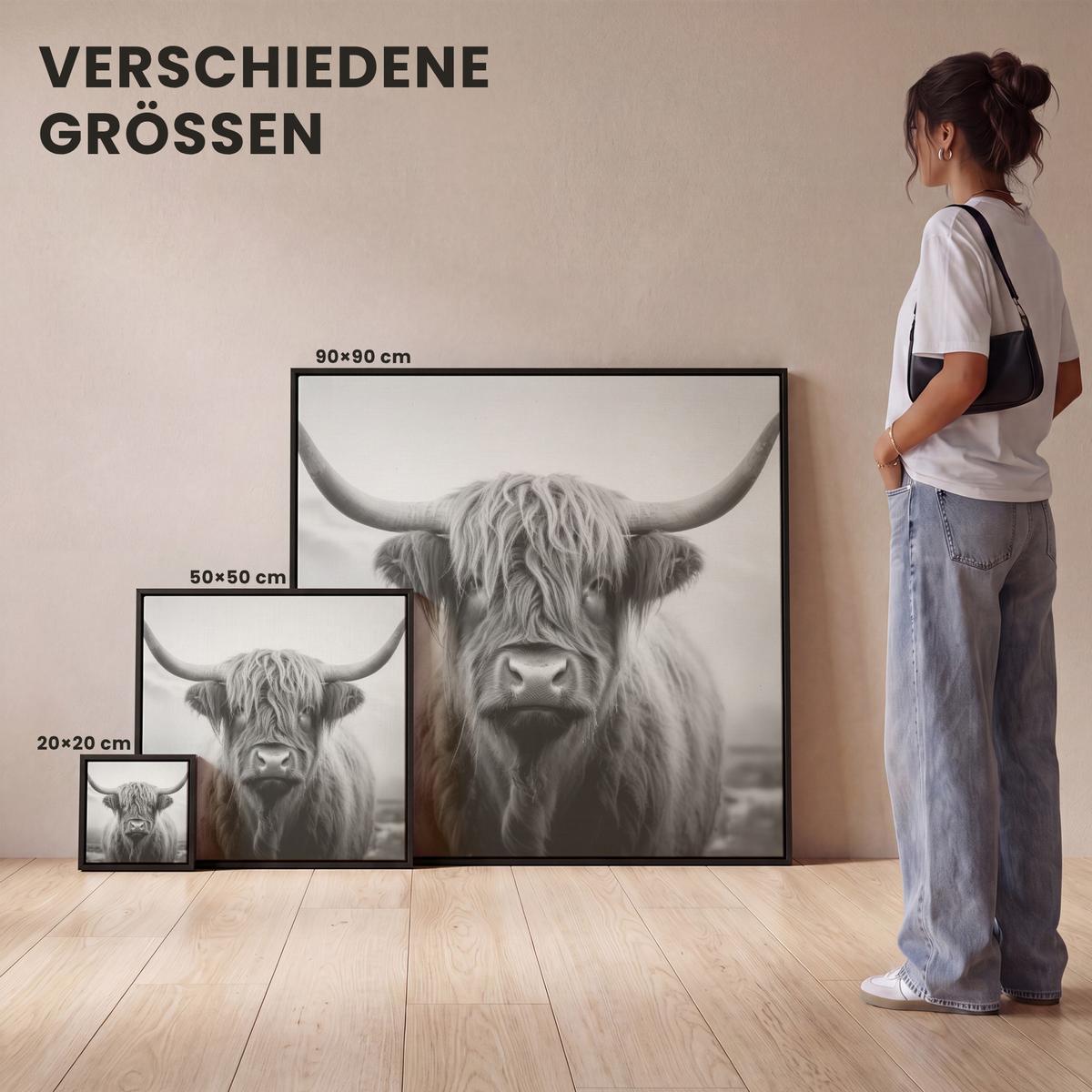LEINWAND Bilder mit Rahmen - Schottischer Highlander - Nebel - Schwarz - Weiß - 20x20 - Grau, Textil (20/20cm) - MuchoWow