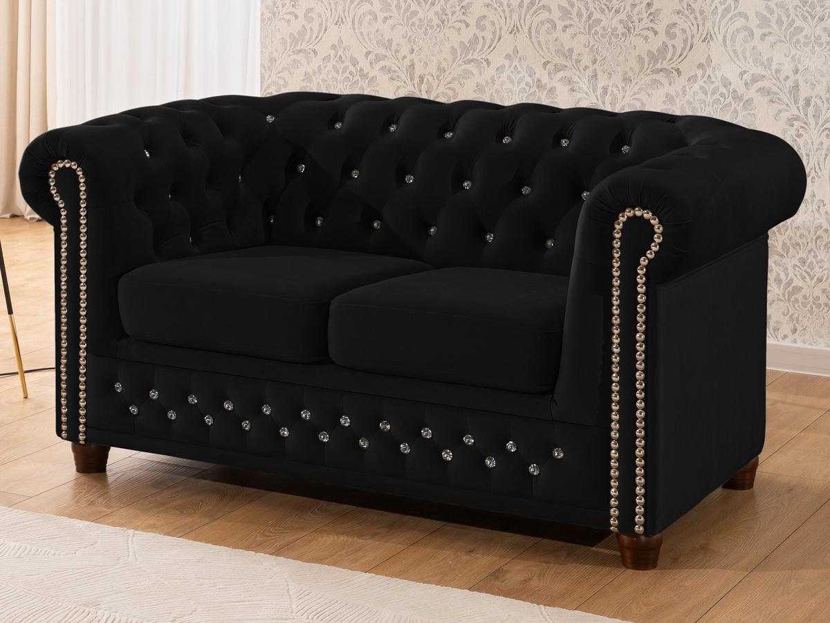 CHESTERFIELD-SOFA 2-sitzer Cleo Blink Schwarz Samt mit Kristallsteppung und braunen Massivholzfüßen - Schwarz/Braun, Holz/Textil (148/72/86cm) - S-Style Möbel