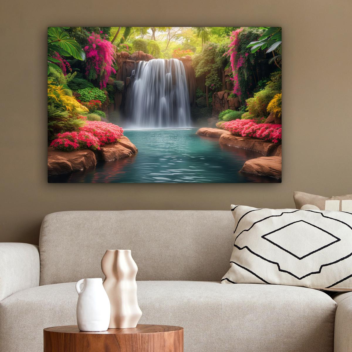 LEINWANDBILD Wasserfall - Natur - Pflanzen - Dschungel - Wasser Wanddeko 90x60 cm - Grün, Textil (90/60cm) - MuchoWow