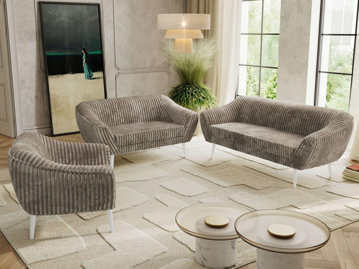 SITZGARNITUR PIRS 3+2+1 - Hellbraun Cord - Weiße Beine - Hellbraun/Weiß, Holzwerkstoff/Textil (180/75/74cm) - MKS