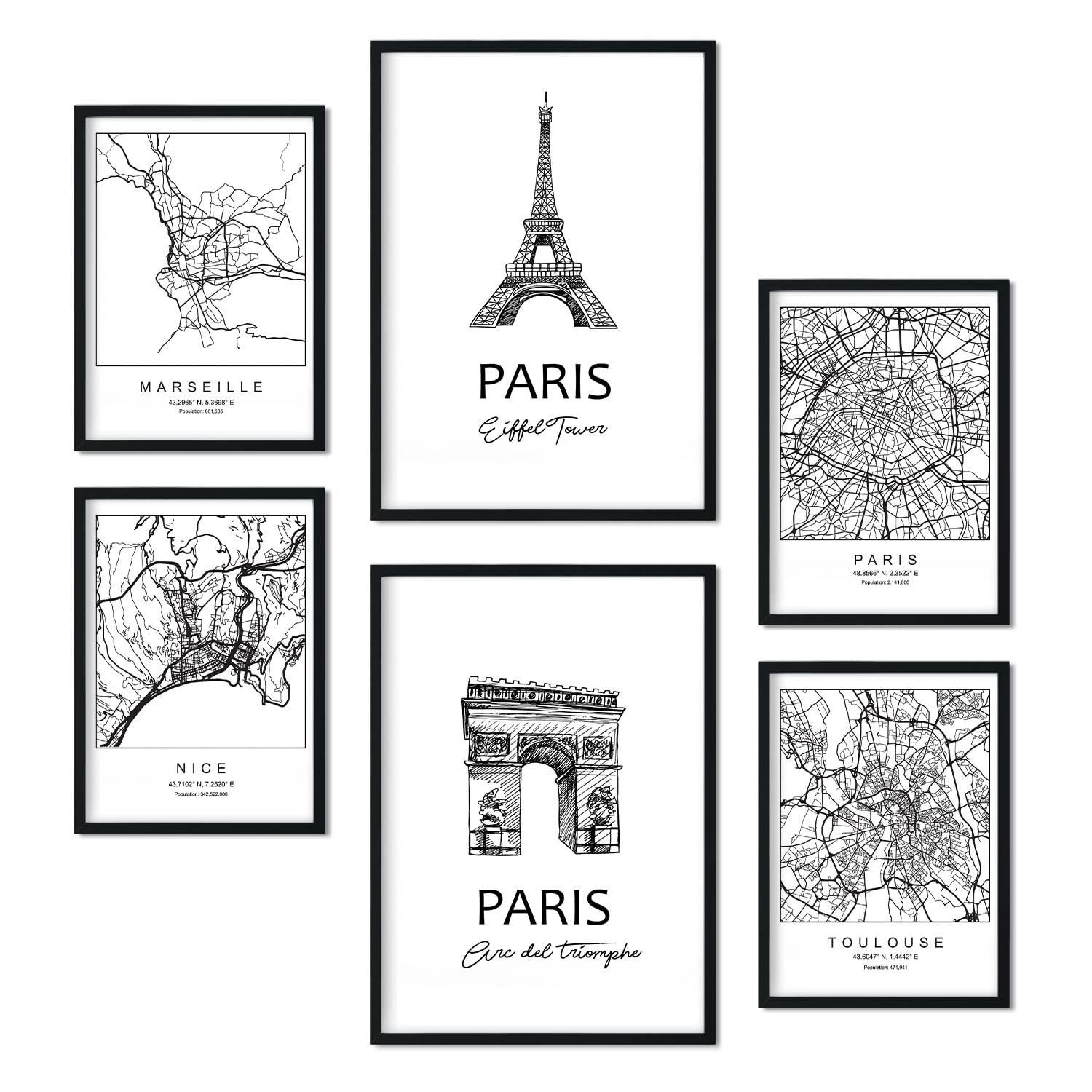 POSTER Set Mit 6 Drucke Von Frankreich Von Karten In Schwarz Weiß A3 & A4 Schwarzer Rahmen - Schwarz, Papier (29/3cm) - Nacnic
