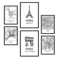 POSTER Set Mit 6 Drucke Von Frankreich Von Karten In Schwarz Weiß A3 & A4 Schwarzer Rahmen - Schwarz, Papier (29/3cm) - Nacnic
