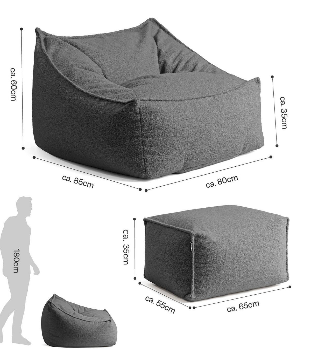 SITZSACK Bouclé Snug mit Hocker - Anthrazit, Textil (150/75/60cm) - Mokebo