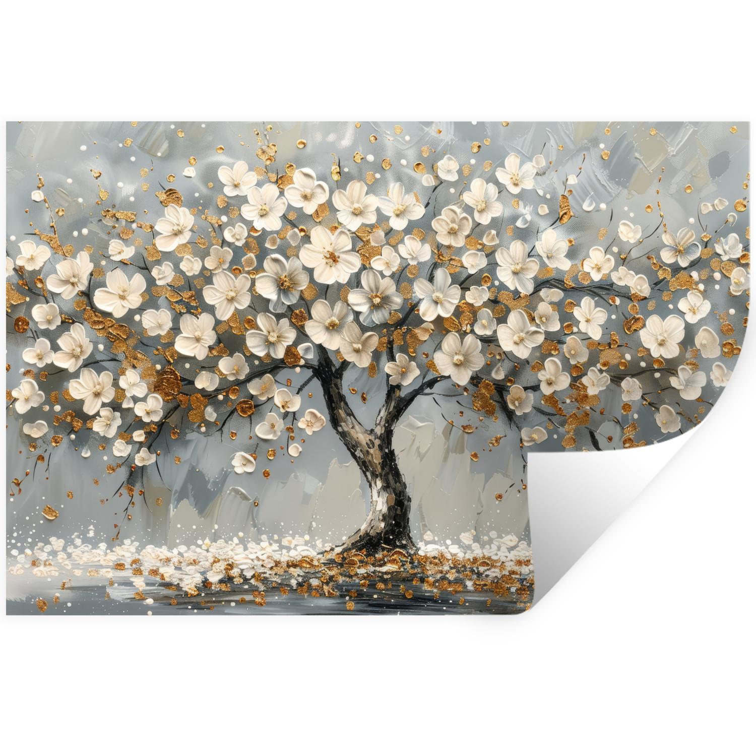 WANDTATTOO Baum - Blumen - Weiß - Natur - Kunst Deko Wohnzimmer 60x40 cm - Weiß, Kunststoff (60/40/0.1cm) - MuchoWow